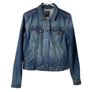 GAP Denim Trucker Jacket Indigo Blue Stretch Button Front Womens Small